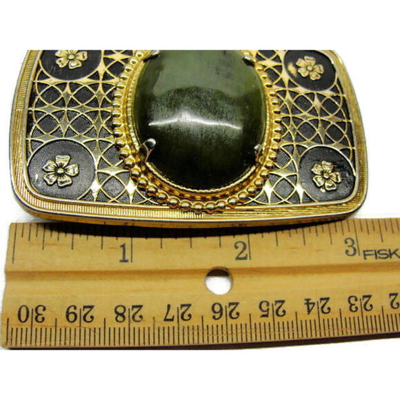 South Western Green Stone Black & Gold Tone Overlay Detailed Flower Belt Buckle - Picture 7 of 11